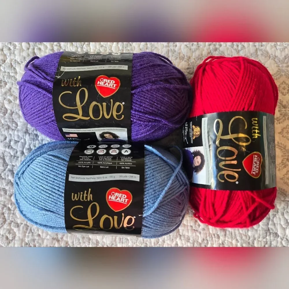 Red Heart Love Yarn- Purple, Bluebell, Violet & Holly Berry Red